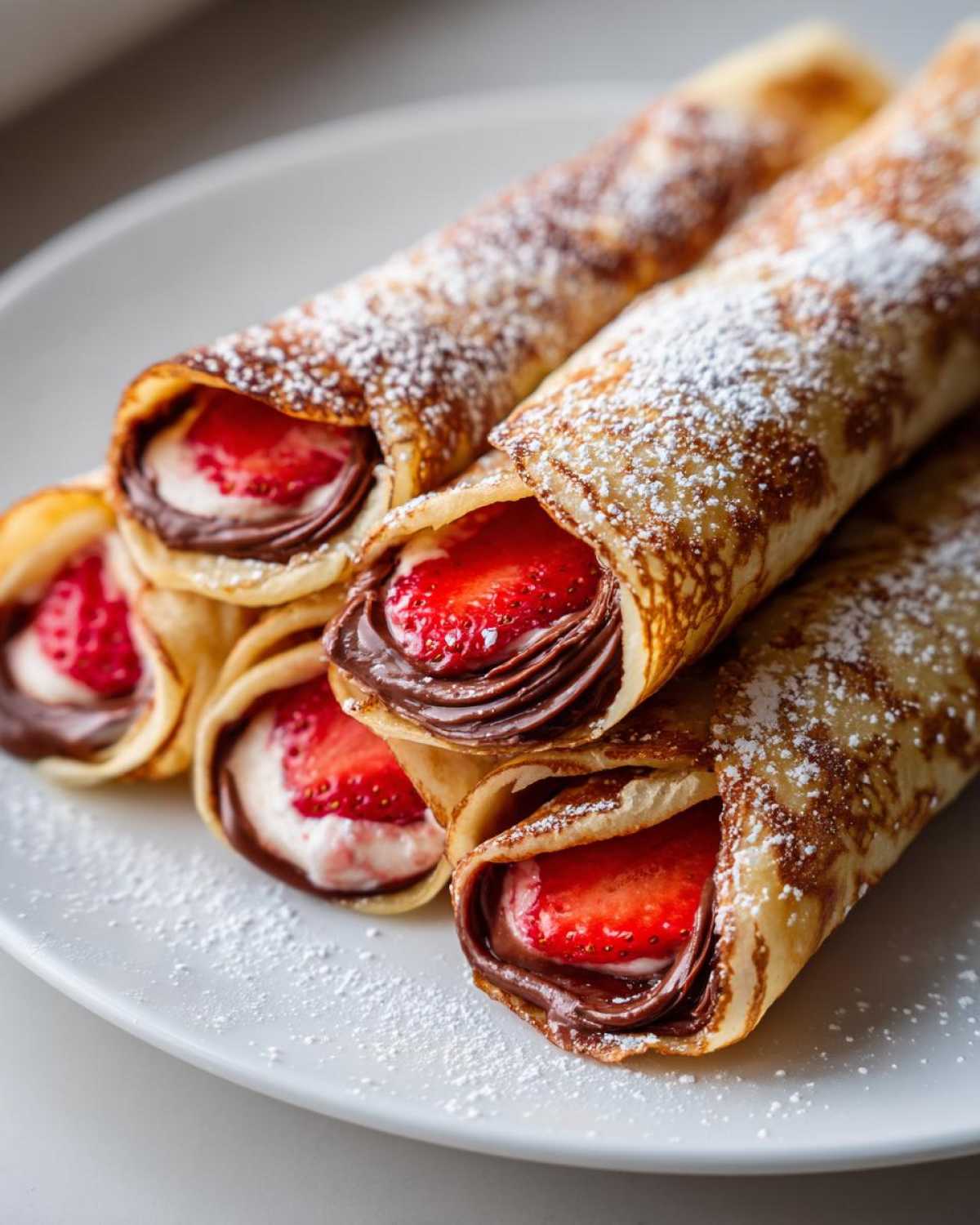 Close-up of several Nutella Strawberry Crepe Rollups filled with chocolate spread and fresh strawberries, dusted with powdered sugar.