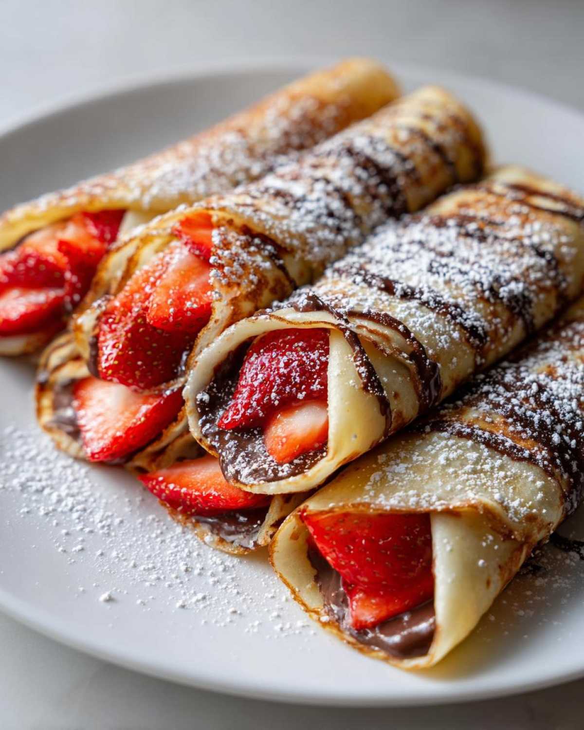 Four Nutella Strawberry Crepe Rollups filled with fresh strawberries, drizzled with chocolate, and dusted with powdered sugar.
