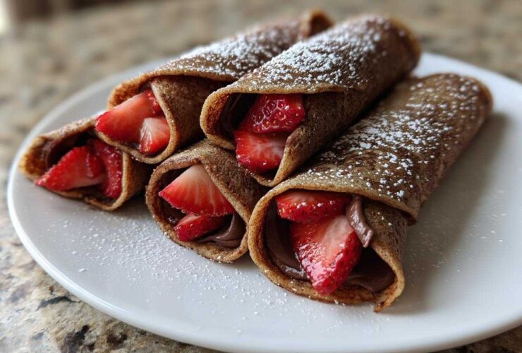 Four rolled Nutella Strawberry Crepe Rollups dusted with powdered sugar, served on a white plate.
