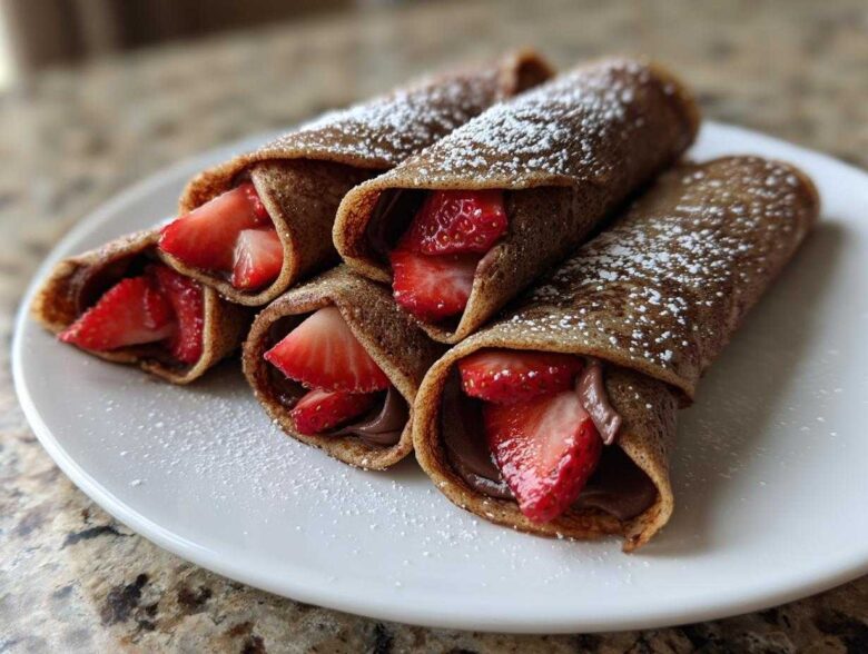 Four rolled Nutella Strawberry Crepe Rollups dusted with powdered sugar, served on a white plate.