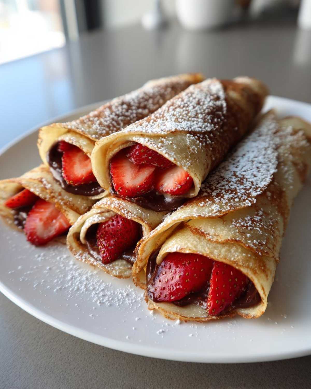 Four Nutella Strawberry Crepe Rollups filled with fresh strawberries and dusted with powdered sugar on a white plate.