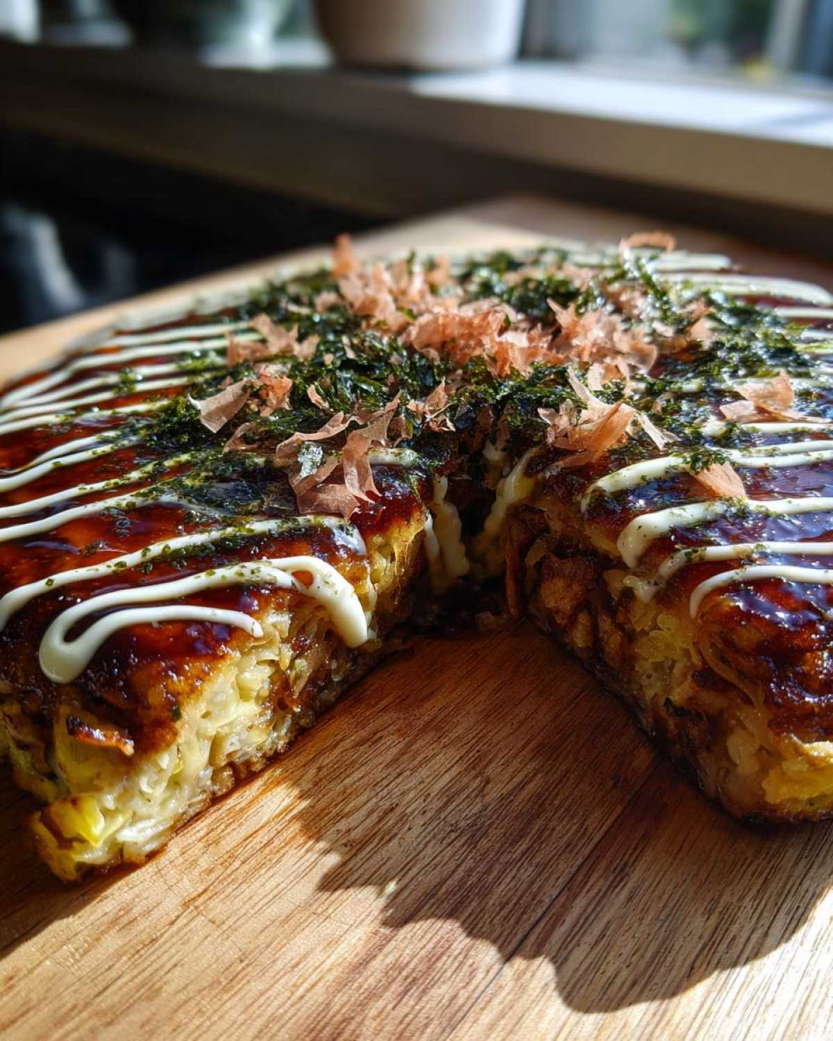 A thick, savory Okonomiyaki Cabbage Pancake cut in half, showing layers of cabbage and topped with dark sauce, mayonnaise, seaweed, and bonito flakes.