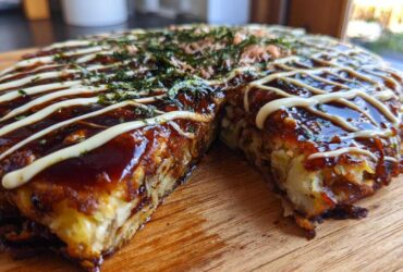 A thick, round Okonomiyaki Cabbage Pancake cut in half, drizzled with dark sauce and mayonnaise, topped with seaweed and bonito flakes.