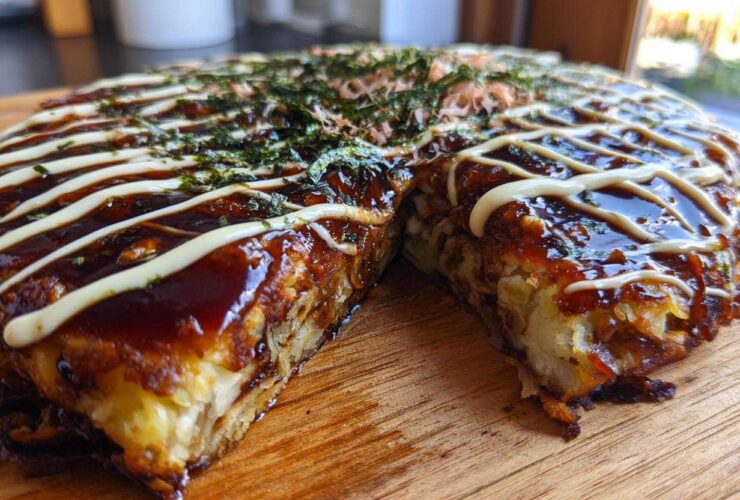 A thick, round Okonomiyaki Cabbage Pancake cut in half, drizzled with dark sauce and mayonnaise, topped with seaweed and bonito flakes.