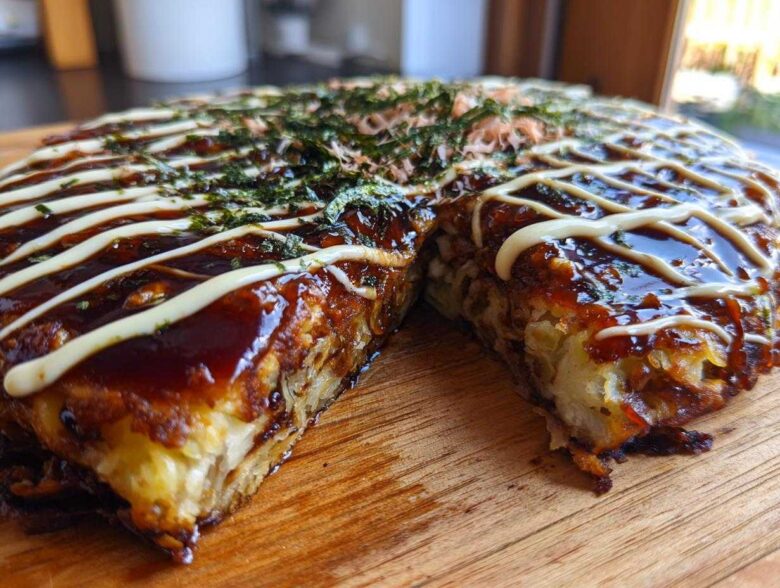 A thick, round Okonomiyaki Cabbage Pancake cut in half, drizzled with dark sauce and mayonnaise, topped with seaweed and bonito flakes.