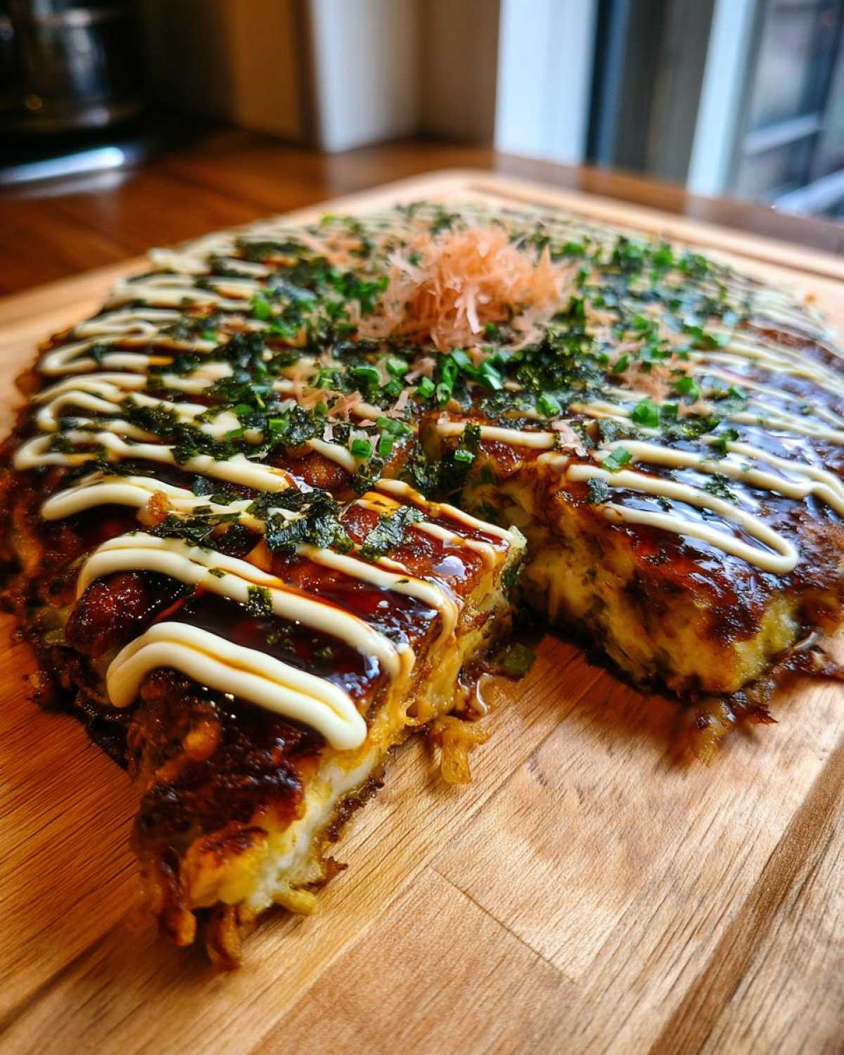 A thick slice cut from a fully topped Okonomiyaki Cabbage Pancake, drizzled with sauce and mayo.
