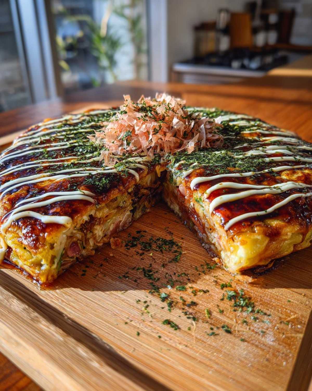 A thick, sliced Okonomiyaki Cabbage Pancake topped with bonito flakes, seaweed, and zigzag drizzles of mayonnaise and sauce.