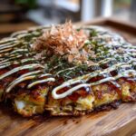 A savory Okonomiyaki Cabbage Pancake, sliced and topped with dark sauce, mayonnaise, seaweed, and bonito flakes.