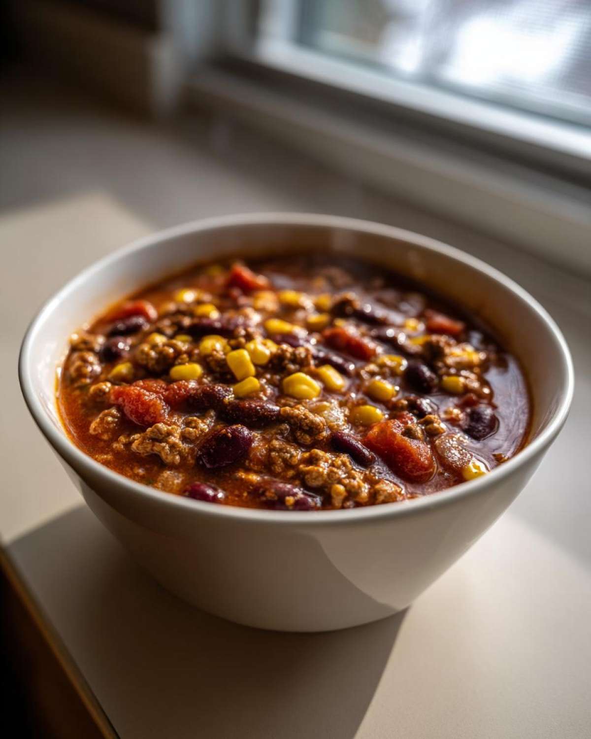 Close-up of a white bowl filled with steaming One-Pot Taco Soup with Lime, showing ground meat, kidney beans, tomatoes, and corn.