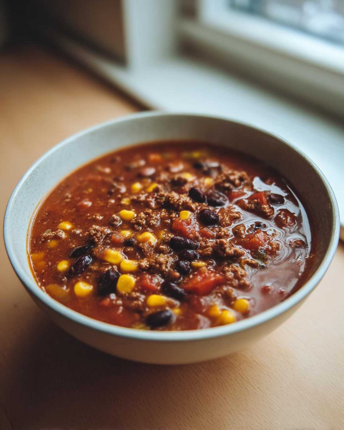 Close-up of a steaming bowl of One-Pot Taco Soup with Lime, featuring ground beef, black beans, and corn in a rich broth.