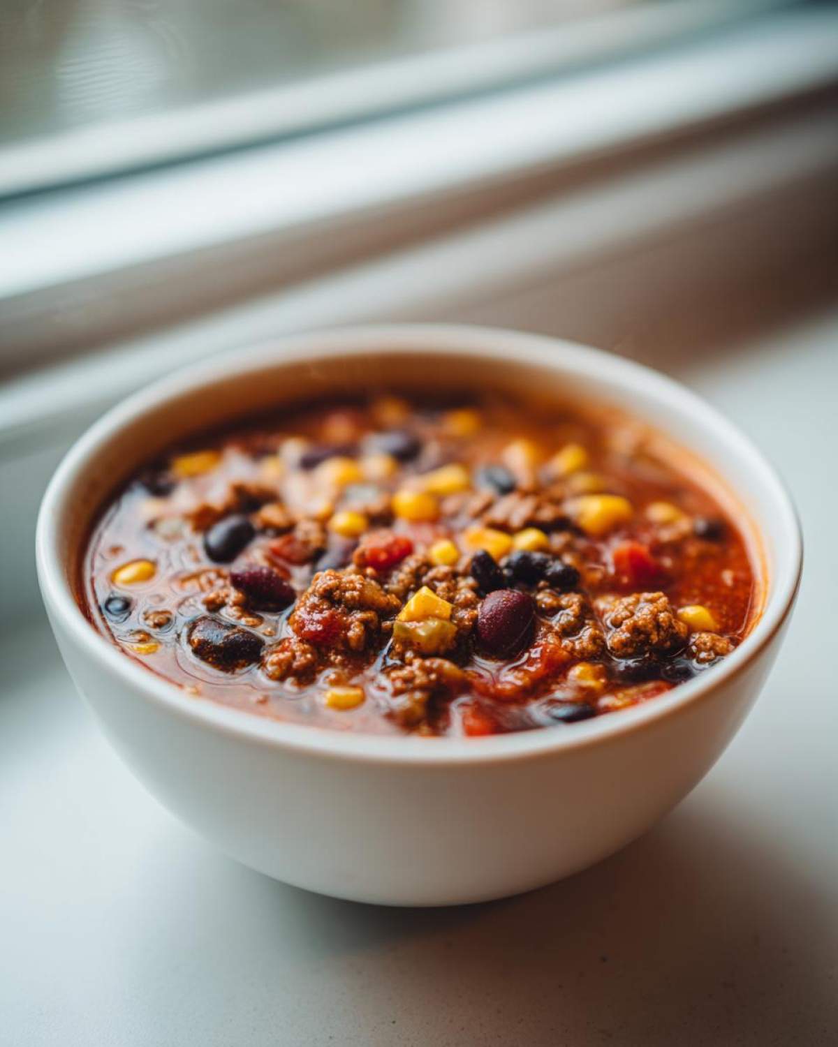 Close-up of a steaming white bowl filled with rich One-Pot Taco Soup with Lime, showing ground beef, black beans, and corn.