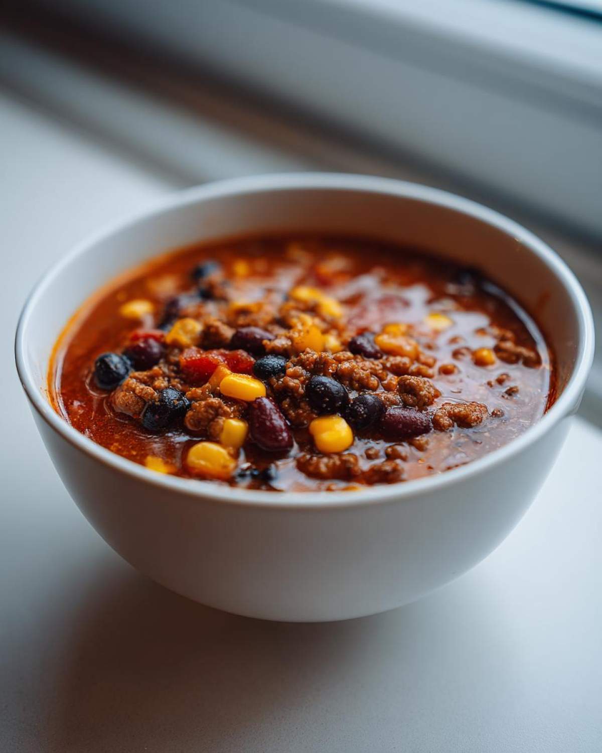 Close-up of a white bowl filled with rich One-Pot Taco Soup with Lime, showing ground meat, black beans, kidney beans, and corn.