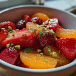 Close-up of a vibrant Orange Blossom Fruit Salad featuring sliced strawberries, mandarin segments, and chopped pistachios.