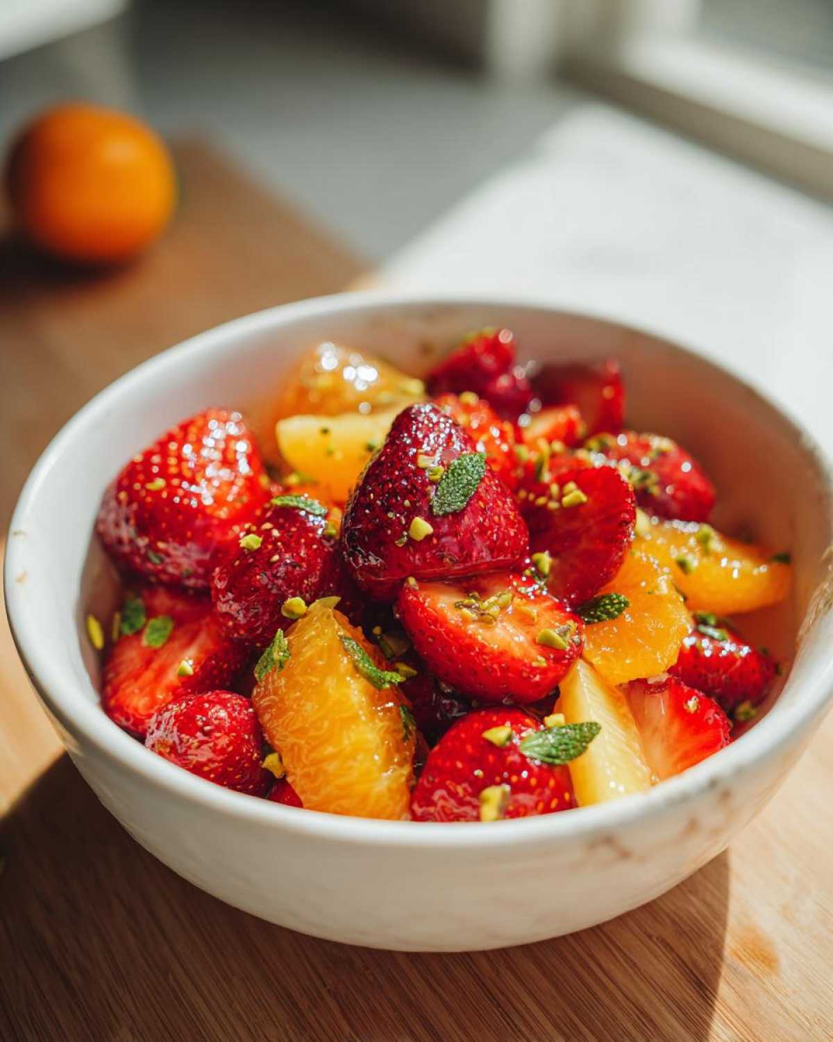 Close-up of a vibrant Orange Blossom Fruit Salad featuring strawberries, orange segments, and pistachio garnish.