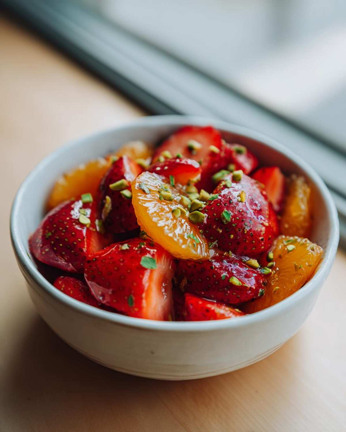 Close-up of a bowl of Orange Blossom Fruit Salad featuring strawberries, orange segments, and chopped pistachios.