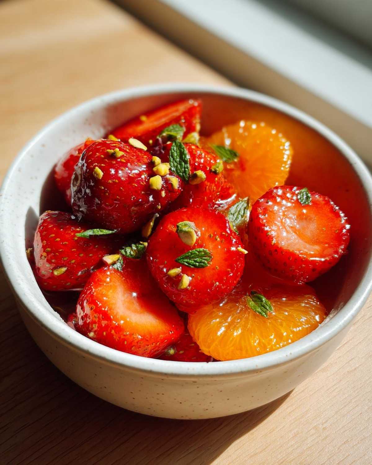 Close-up of a vibrant Orange Blossom Fruit Salad featuring strawberries, orange segments, mint, and pistachios.