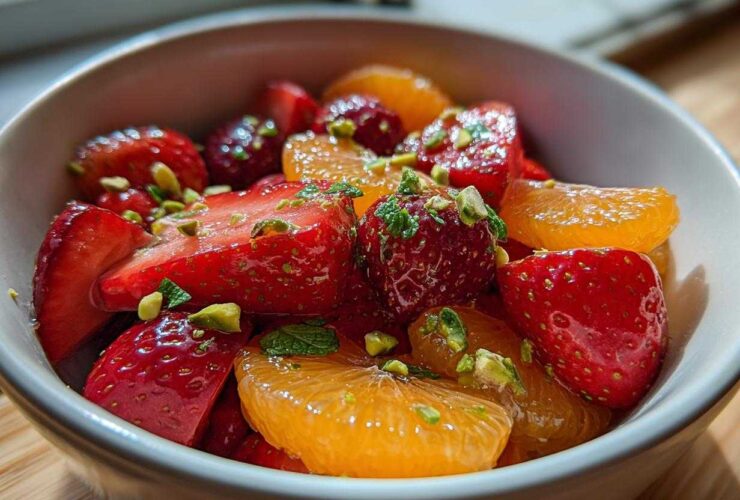 Close-up of a vibrant Orange Blossom Fruit Salad featuring sliced strawberries, mandarin segments, and chopped pistachios.