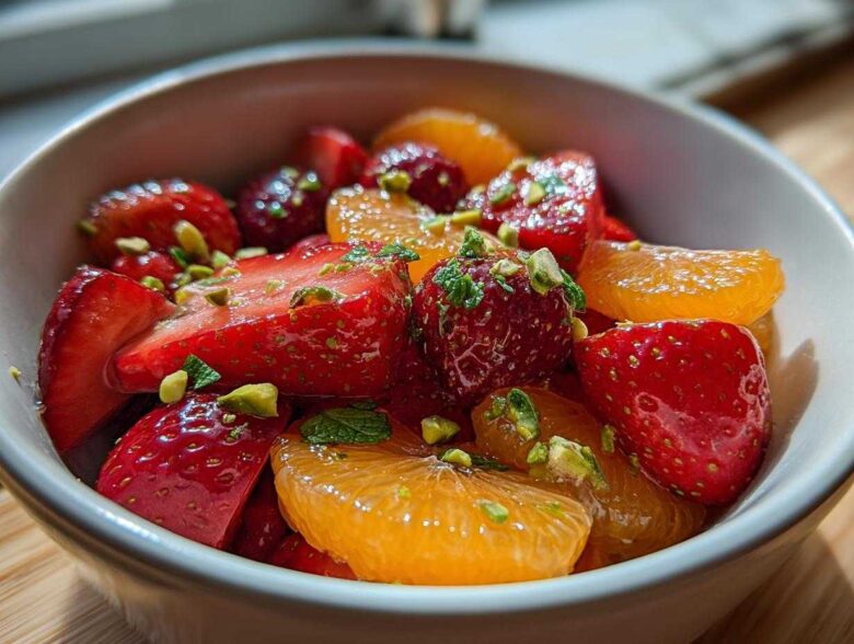 Close-up of a vibrant Orange Blossom Fruit Salad featuring sliced strawberries, mandarin segments, and chopped pistachios.