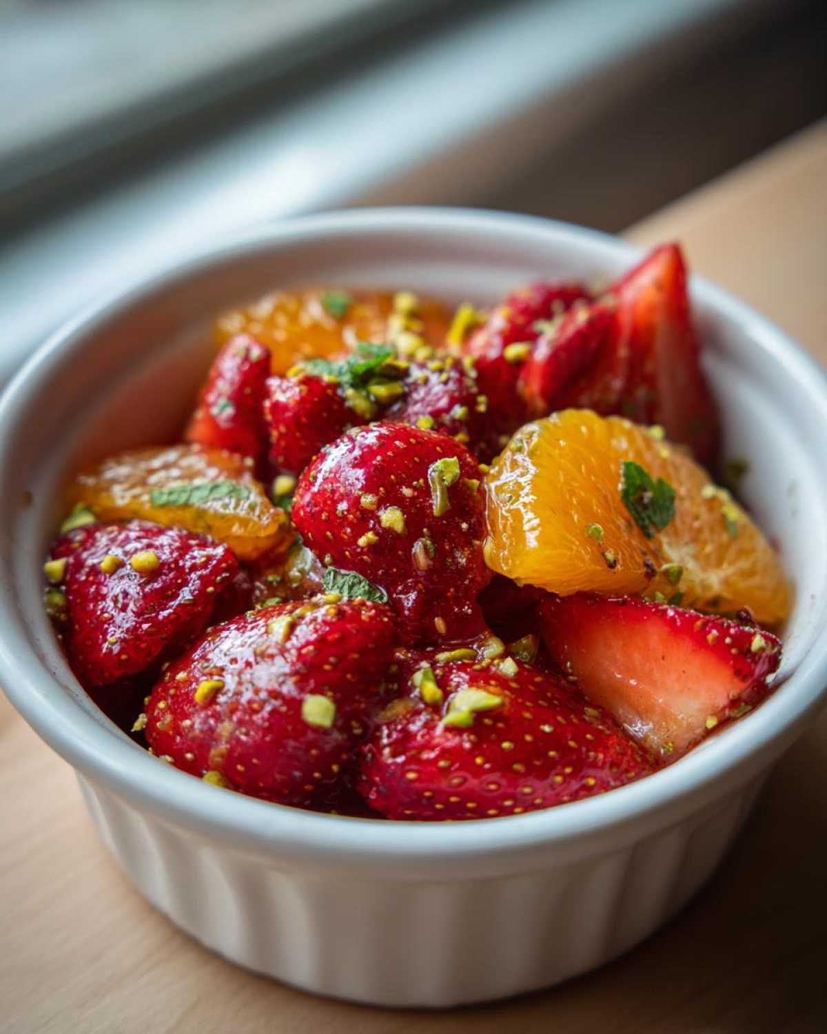 A close-up of vibrant Orange Blossom Fruit Salad featuring strawberries, orange segments, and chopped pistachios in a white ramekin.
