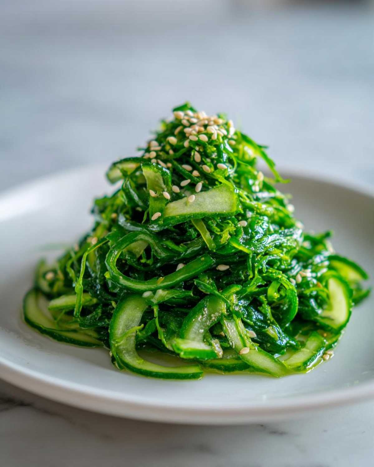 A mound of bright green Pea Shoot Cucumber Salad topped with toasted sesame seeds on a white plate.