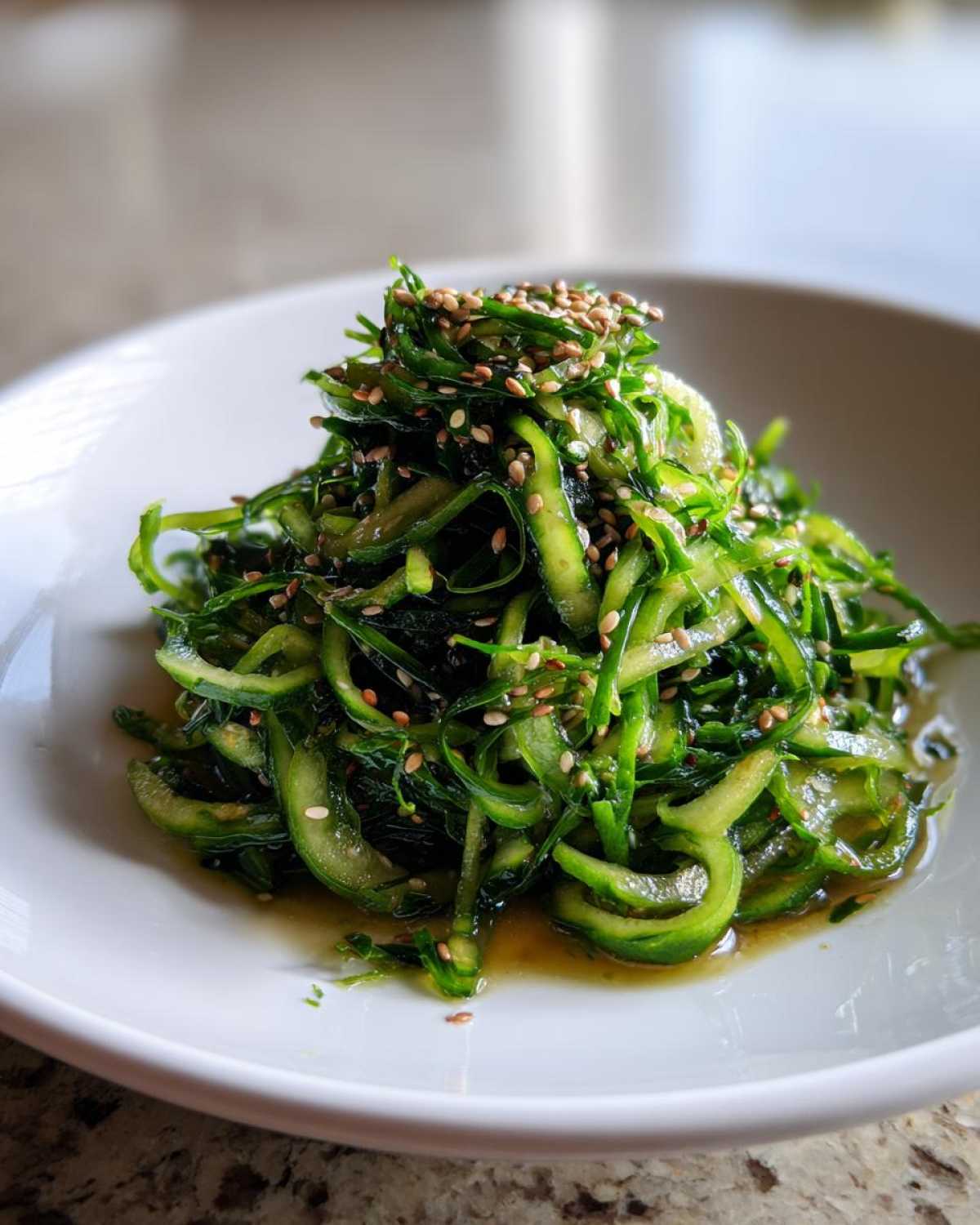 Close-up of a vibrant Pea Shoot Cucumber Salad, featuring spiralized cucumber and pea shoots tossed in dressing and topped with sesame seeds.