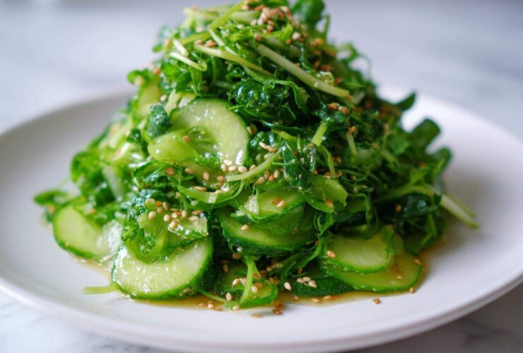 A vibrant mound of fresh Pea Shoot Cucumber Salad tossed in dressing and sprinkled with toasted sesame seeds, served on a white plate.