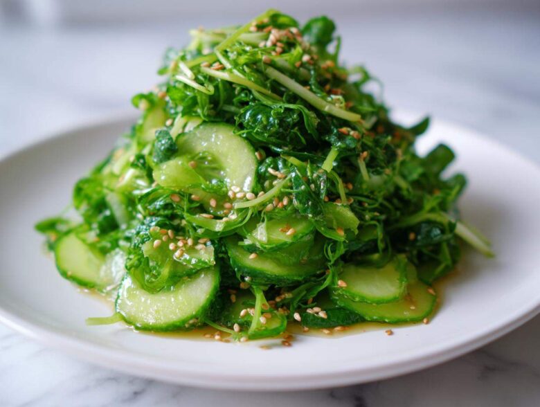 A vibrant mound of fresh Pea Shoot Cucumber Salad tossed in dressing and sprinkled with toasted sesame seeds, served on a white plate.