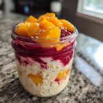 Close-up of Peach Melba Overnight Oats layered in a mason jar with oats, yogurt, raspberry swirl, and topped with fresh peaches.