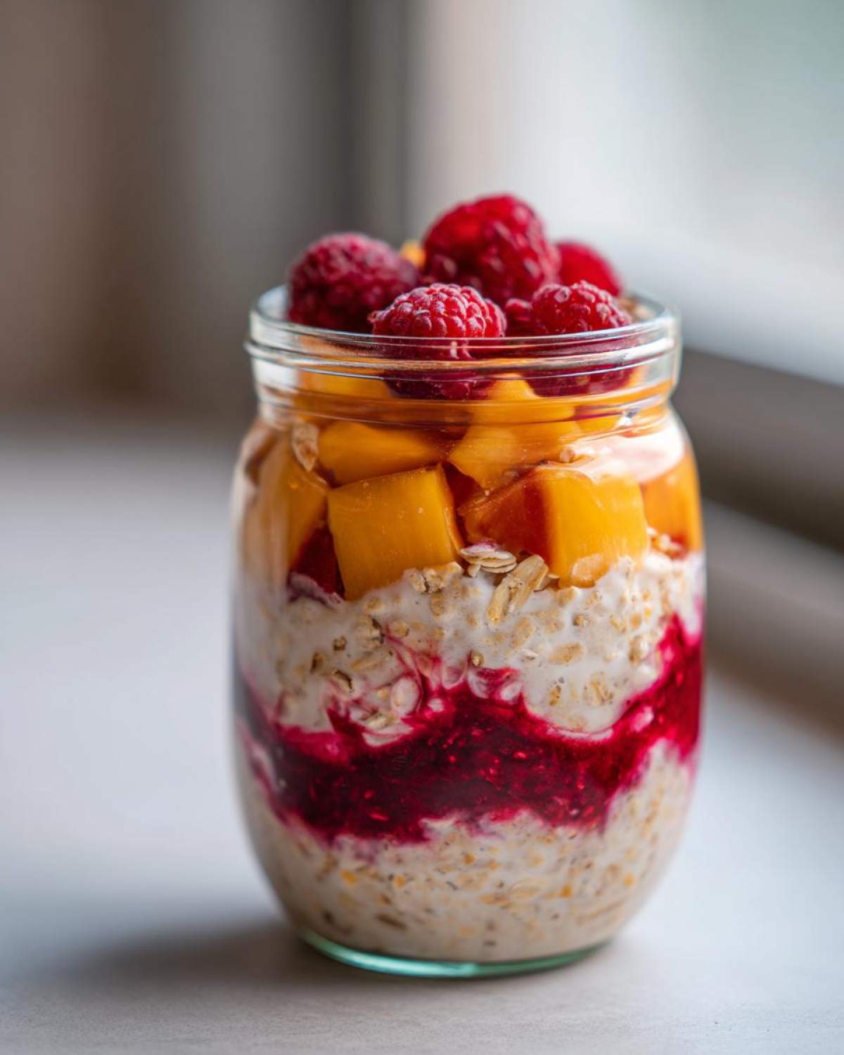 A glass jar filled with layered Peach Melba Overnight Oats, topped with diced peaches and fresh raspberries.