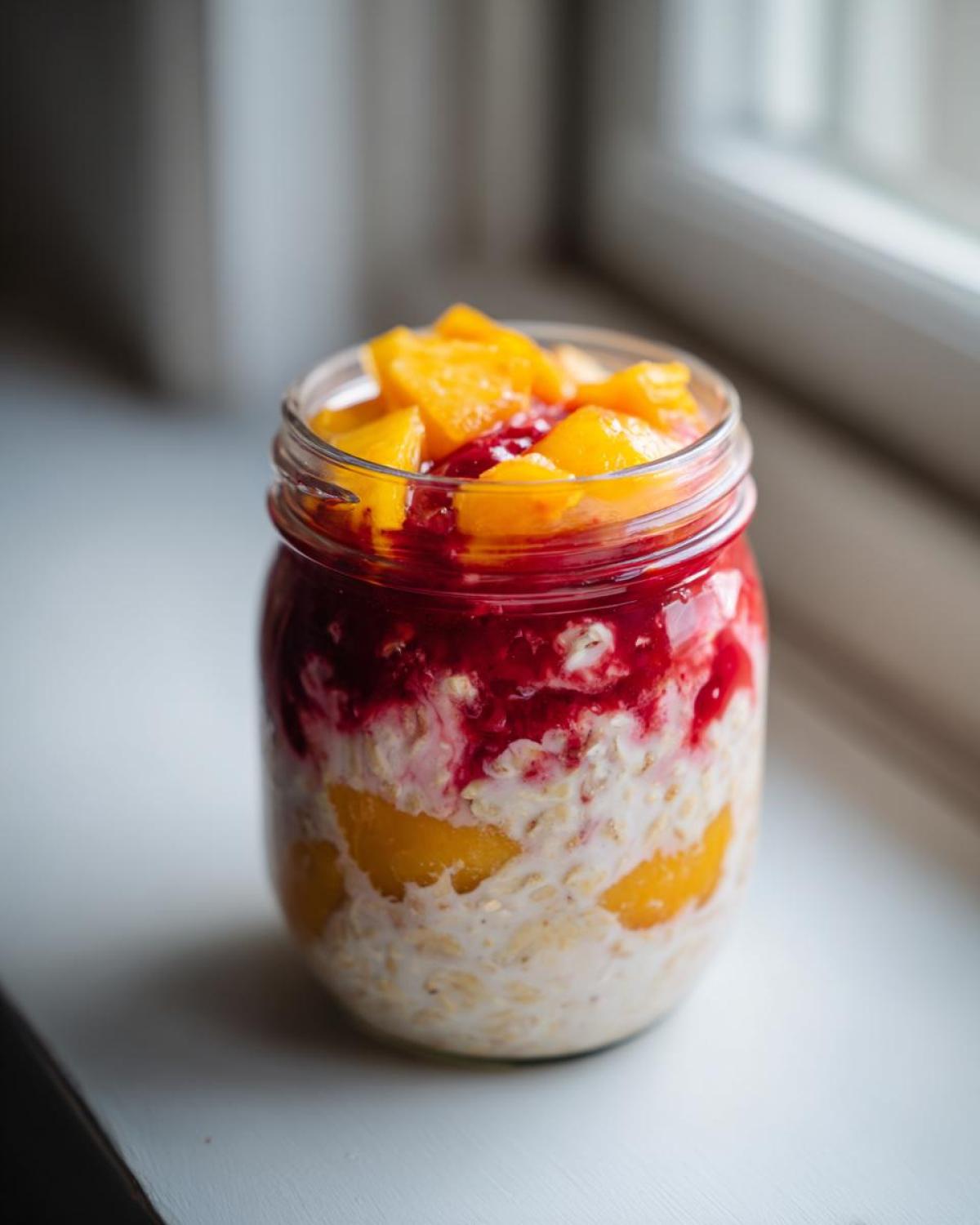 A glass jar filled with layered Peach Melba Overnight Oats, topped with peaches and raspberry sauce.