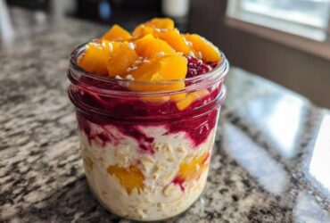 Close-up of Peach Melba Overnight Oats layered in a mason jar with oats, yogurt, raspberry swirl, and topped with fresh peaches.