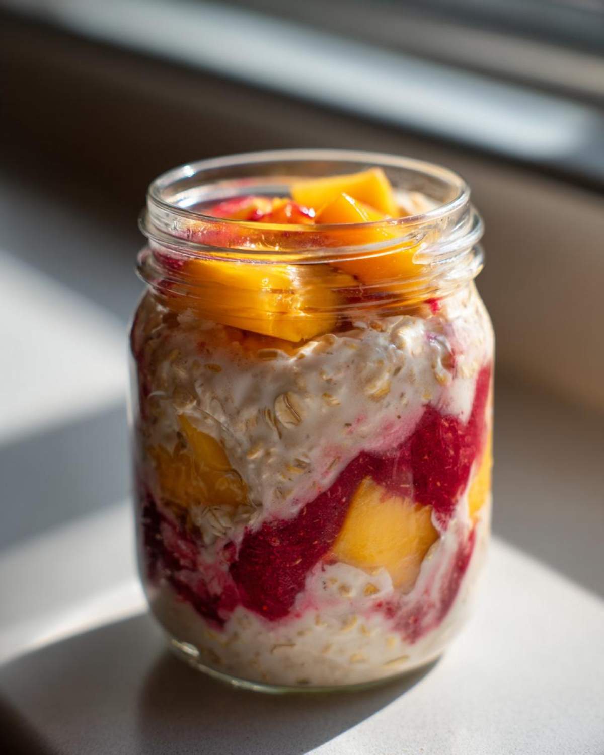 Close-up of Peach Melba Overnight Oats layered with oats, bright yellow peach slices, and vibrant red raspberry swirl in a glass jar.