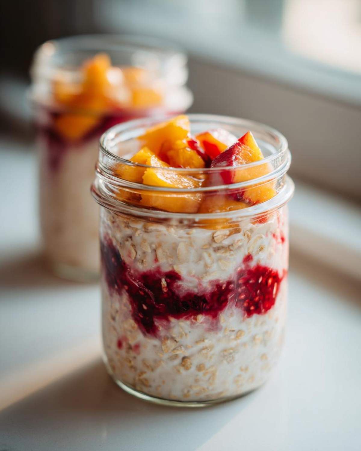A glass jar filled with Peach Melba Overnight Oats, showing layers of creamy oats, raspberry swirl, and fresh peach chunks on top.