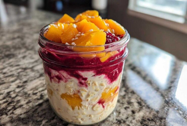 Close-up of Peach Melba Overnight Oats layered in a mason jar with oats, yogurt, raspberry swirl, and topped with fresh peaches.