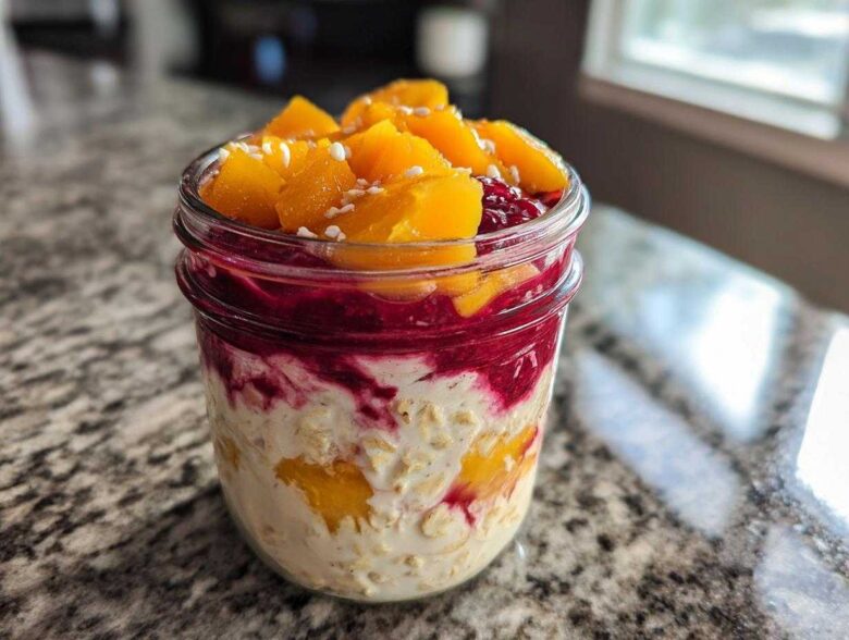 Close-up of Peach Melba Overnight Oats layered in a mason jar with oats, yogurt, raspberry swirl, and topped with fresh peaches.