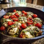 Close-up of Pesto Chicken Caprese Skillet featuring chicken breasts topped with melted mozzarella, pesto, roasted cherry tomatoes, and balsamic glaze.