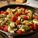 Close-up of Pesto Chicken Caprese Skillet featuring chicken, melted mozzarella, cherry tomatoes, pesto, and balsamic glaze in a skillet.