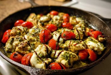 Close-up of Pesto Chicken Caprese Skillet featuring chicken, melted mozzarella, cherry tomatoes, pesto, and balsamic glaze in a skillet.