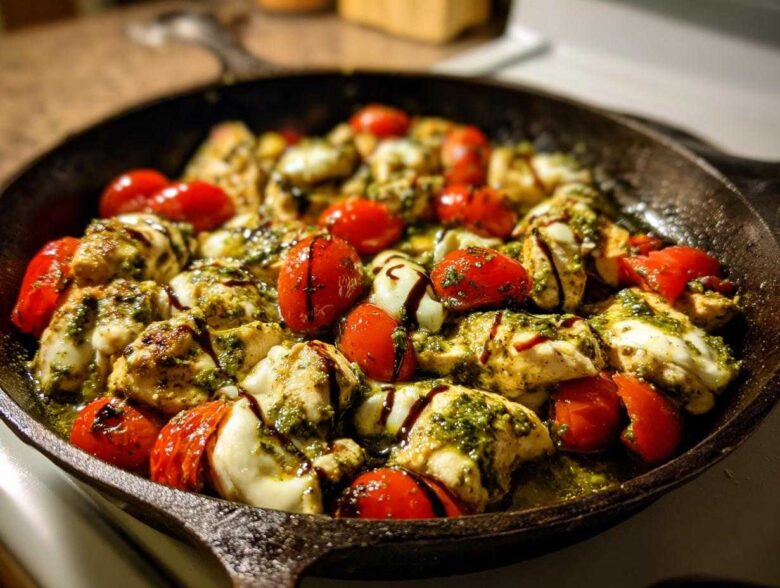 Close-up of Pesto Chicken Caprese Skillet featuring chicken, melted mozzarella, cherry tomatoes, pesto, and balsamic glaze in a skillet.