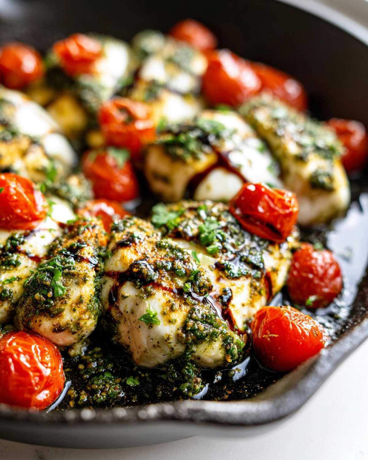 Close-up of juicy chicken breasts topped with pesto and balsamic glaze, surrounded by roasted cherry tomatoes in a Pesto Chicken Caprese Skillet.