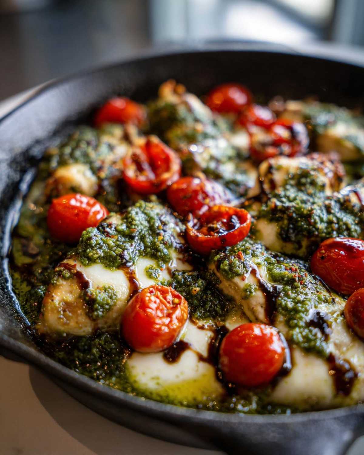 Close-up of Pesto Chicken Caprese Skillet featuring chicken breasts topped with pesto, melted mozzarella, roasted cherry tomatoes, and balsamic glaze.