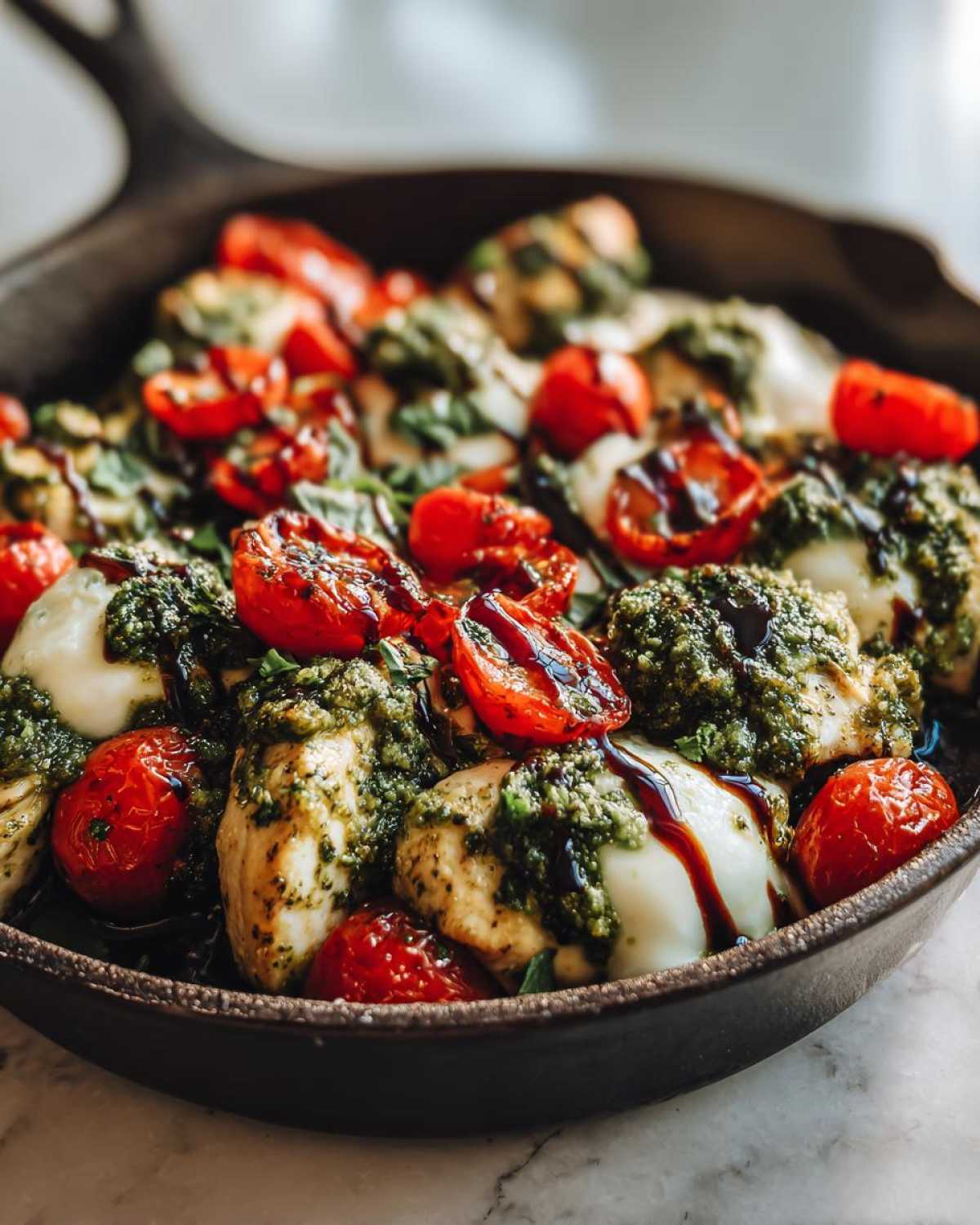 Close-up of Pesto Chicken Caprese Skillet featuring chicken breasts topped with pesto, melted mozzarella, roasted cherry tomatoes, and balsamic glaze.
