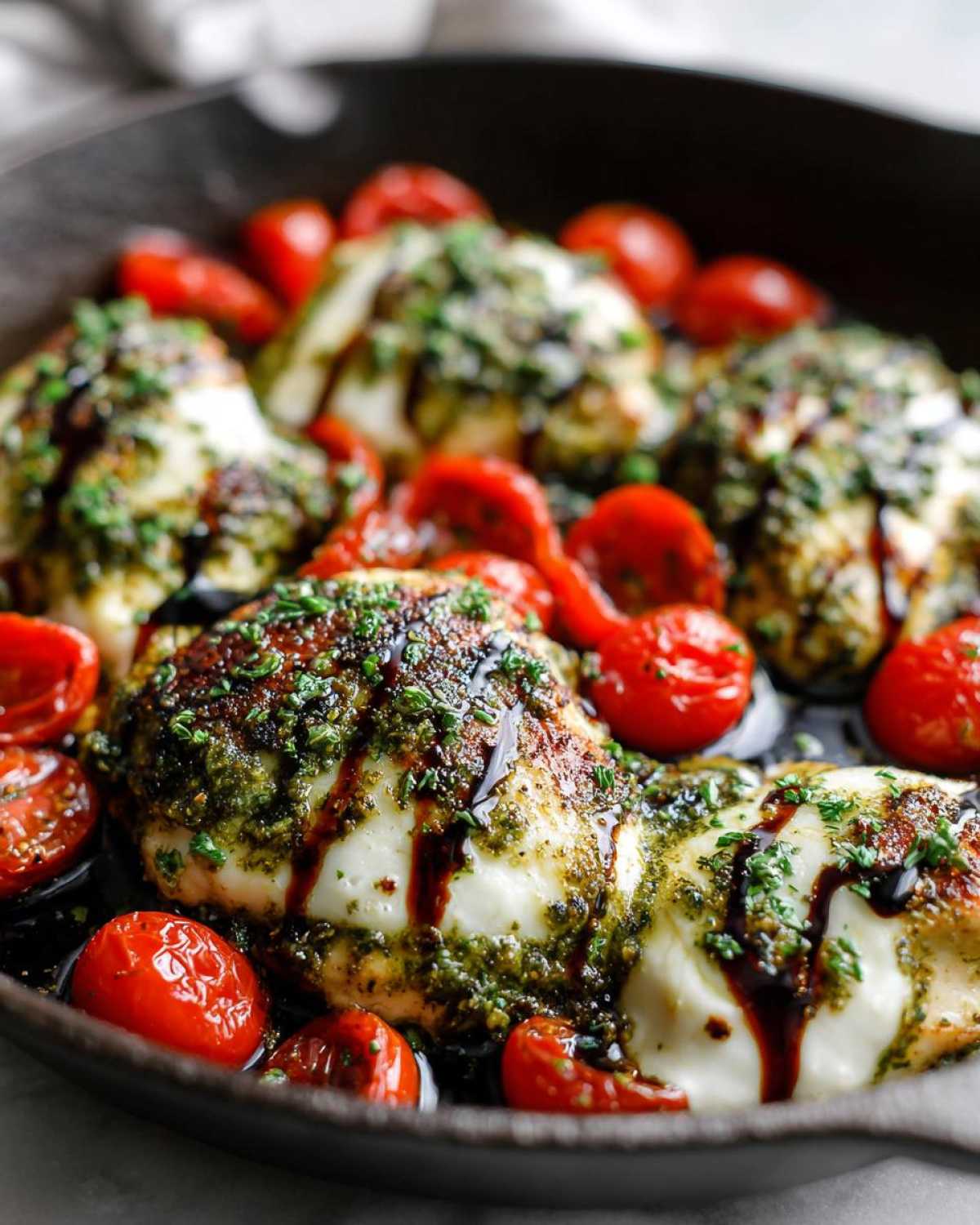 Close-up of Pesto Chicken Caprese Skillet featuring chicken breasts topped with pesto and melted mozzarella, surrounded by roasted cherry tomatoes.