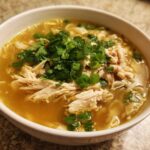 A close-up of a white bowl filled with rich broth, shredded chicken, noodles, and topped with fresh cilantro and scallions for Pho Ga Chicken Noodle Soup.