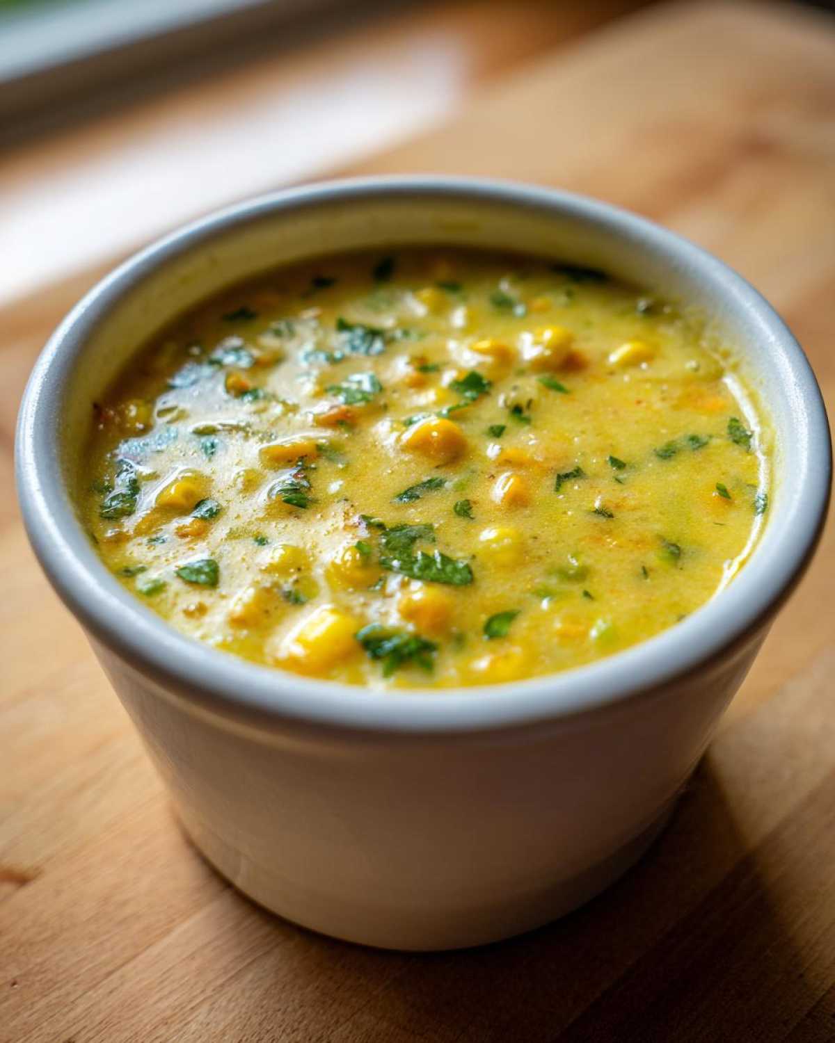 Close-up of a white bowl filled with creamy Poblano Corn Chowder with Cilantro, featuring bright yellow corn kernels.