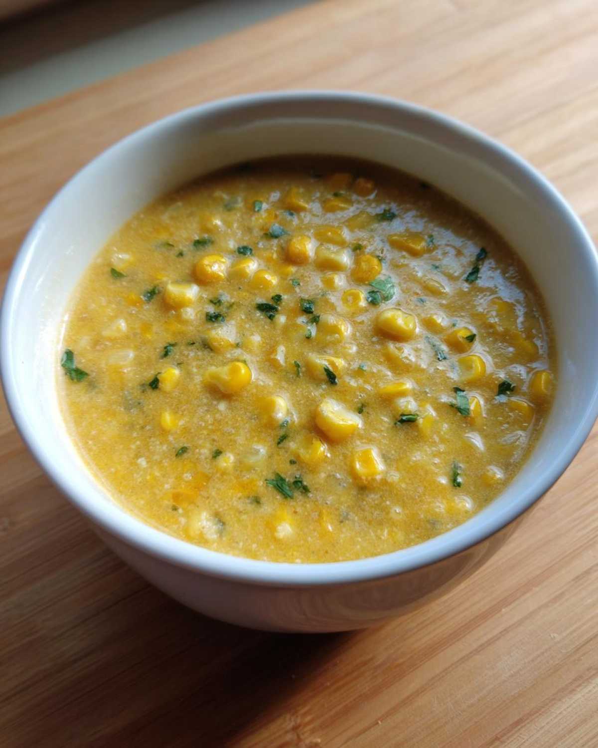 Close-up of a creamy, yellow Poblano Corn Chowder with visible corn kernels and chopped cilantro.