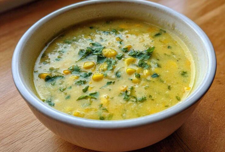 Close-up of a bowl of creamy yellow Poblano Corn Chowder with whole corn kernels and fresh cilantro topping.