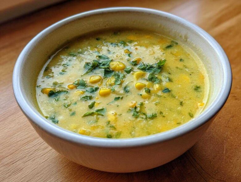 Close-up of a bowl of creamy yellow Poblano Corn Chowder with whole corn kernels and fresh cilantro topping.