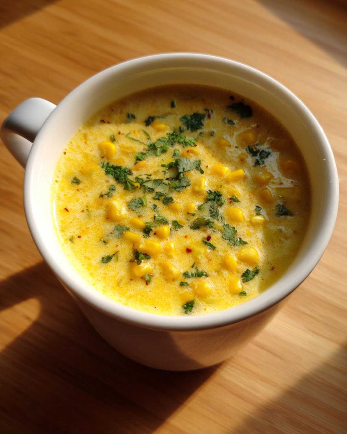 A close-up of creamy Poblano Corn Chowder with corn kernels and fresh cilantro topping in a white mug.