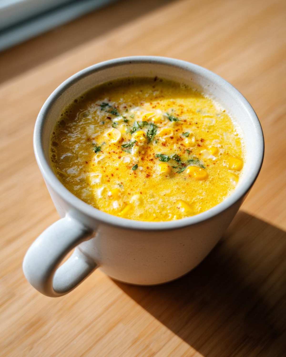 A close-up of creamy Poblano Corn Chowder with Cilantro, garnished with herbs and spices, served in a white mug on a wooden surface.